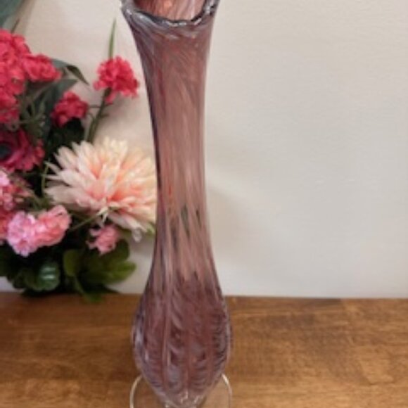 Vintage‎ Amethyst Hand Blown Glass Swing Vase Ruffled Top Purple Art Glass Decor - Picture 2 of 6